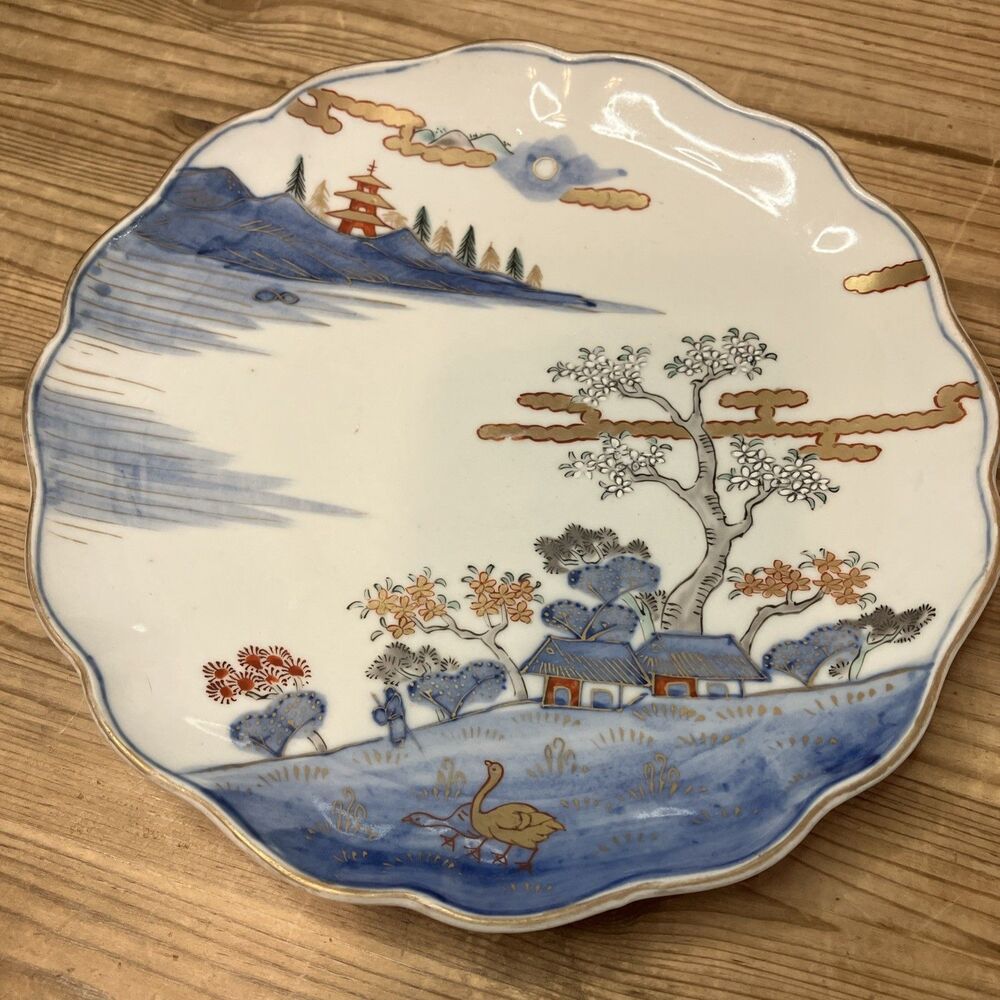 Antique Japanese Imari Porcelain Plate Blue White Gold Farm Scene Pagoda Marked